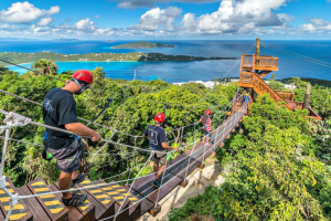 family walking to zipline